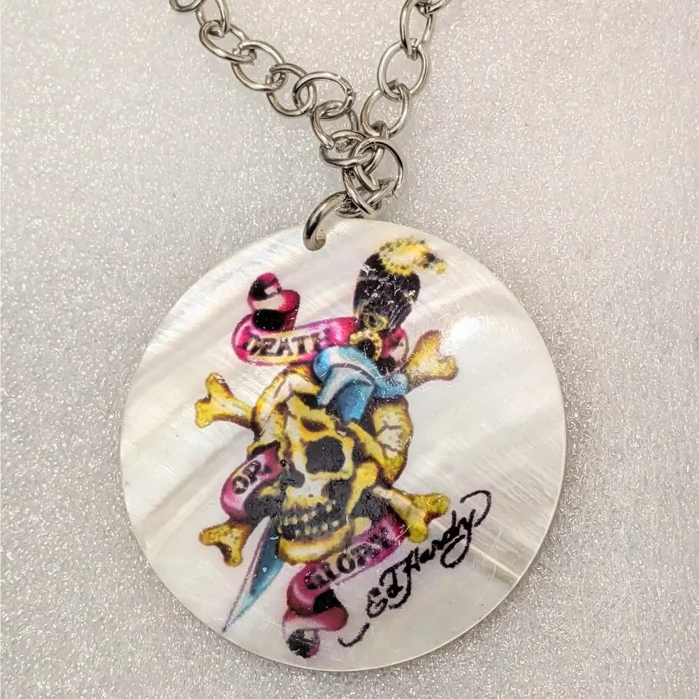 New ED HARDY Death or Glory Mother of Pearl Necklace and Earrings Set